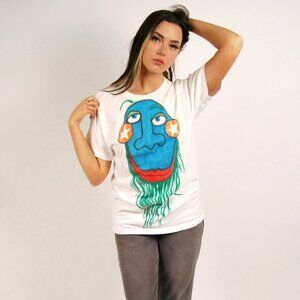 80s Creature T-shirt (L) vintage white hand painted men women large monster 70s